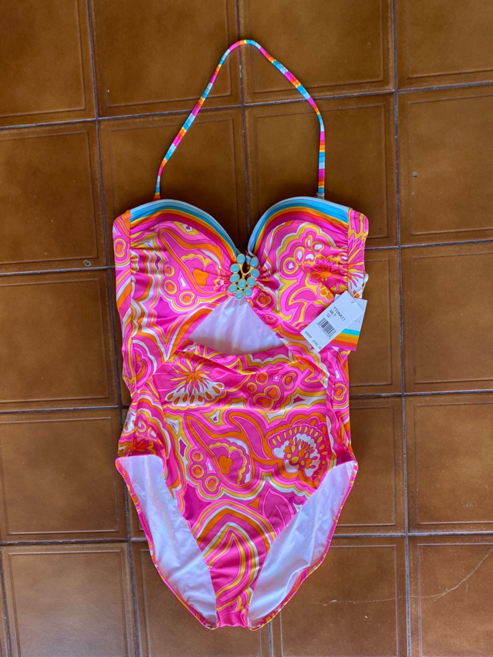 Trina Turk Pink Multicolor Halter One-Piece Swimsuit with Jewel Accent NWT